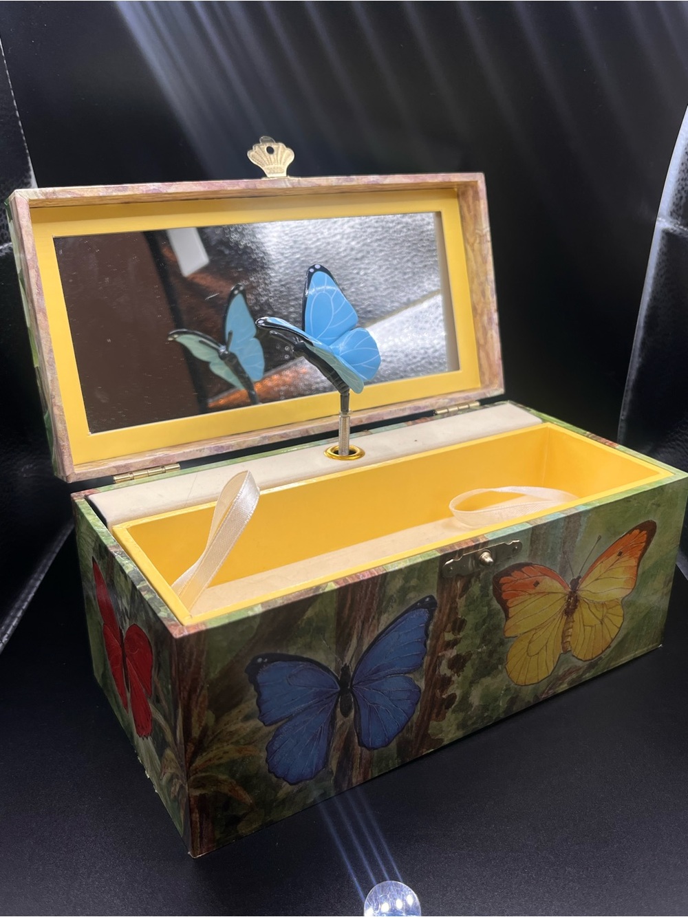 Butterfly Music Jewelry Box with Yellow Interior